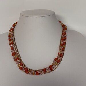 Long Beaded Two Strand Necklace Faceted Orange & Iridescent Beads Goldtone Chain